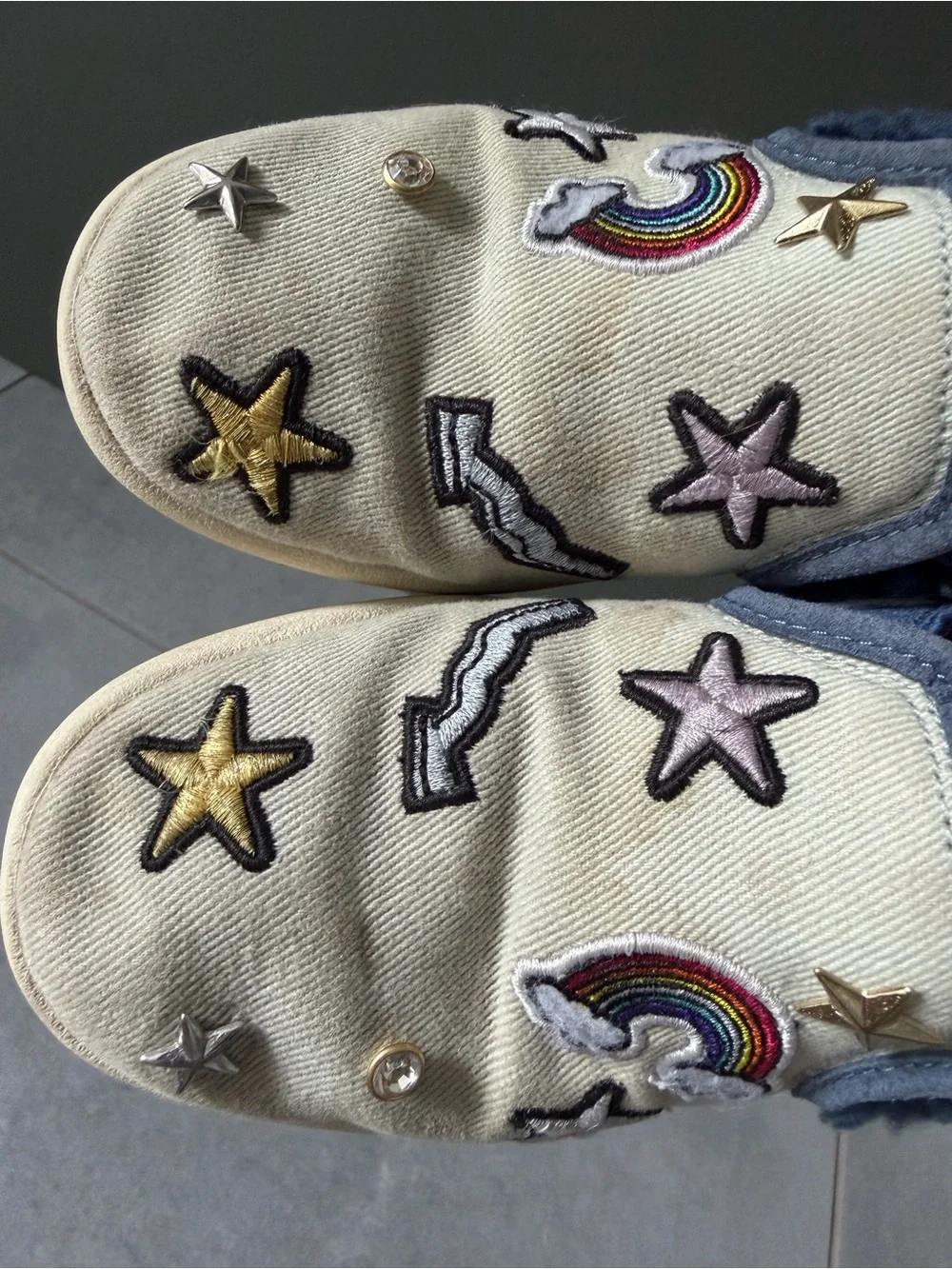 UGG Kids Patch It Slip-On Sneakers Bleach Denim Navy Sherling Colorful Patches 1